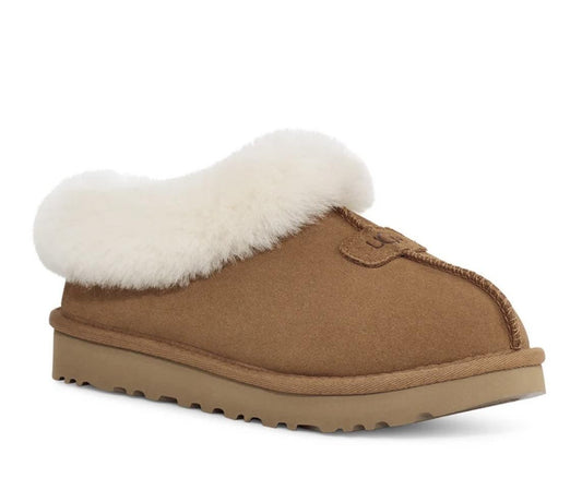 A single brown suede slipper with a thick white shearling-style collar and a tan rubber sole, shown on a plain white background.