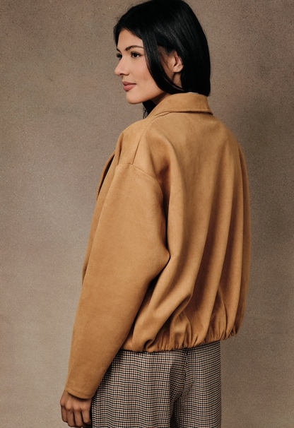 Sunday Edition tan faux‑suede jacket with flapped neckline and modern tailored silhouette.