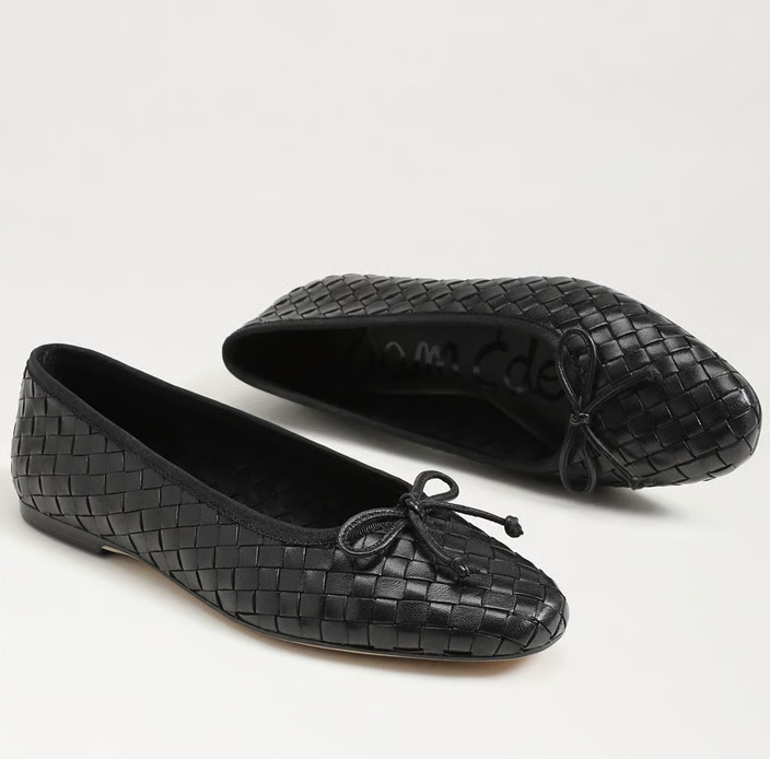 Sam Edelman Ruthie Woven Ballet Flat in black  with two‑tone woven upper and rounded ballet silhouette.