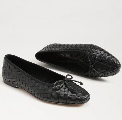 Sam Edelman Ruthie Woven Ballet Flat in black  with two‑tone woven upper and rounded ballet silhouette.