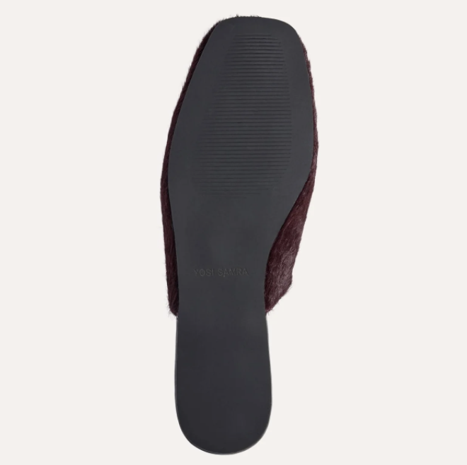 Top-down view of a single Yosi Samra Waverly slip-on shoe showing the dark gray sole and burgundy fuzzy side panel on a light gray background.