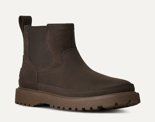 A dark brown UGG Birch Chelsea-style ankle boot with a thick lug sole, shown from a side profile on a light off-white background.