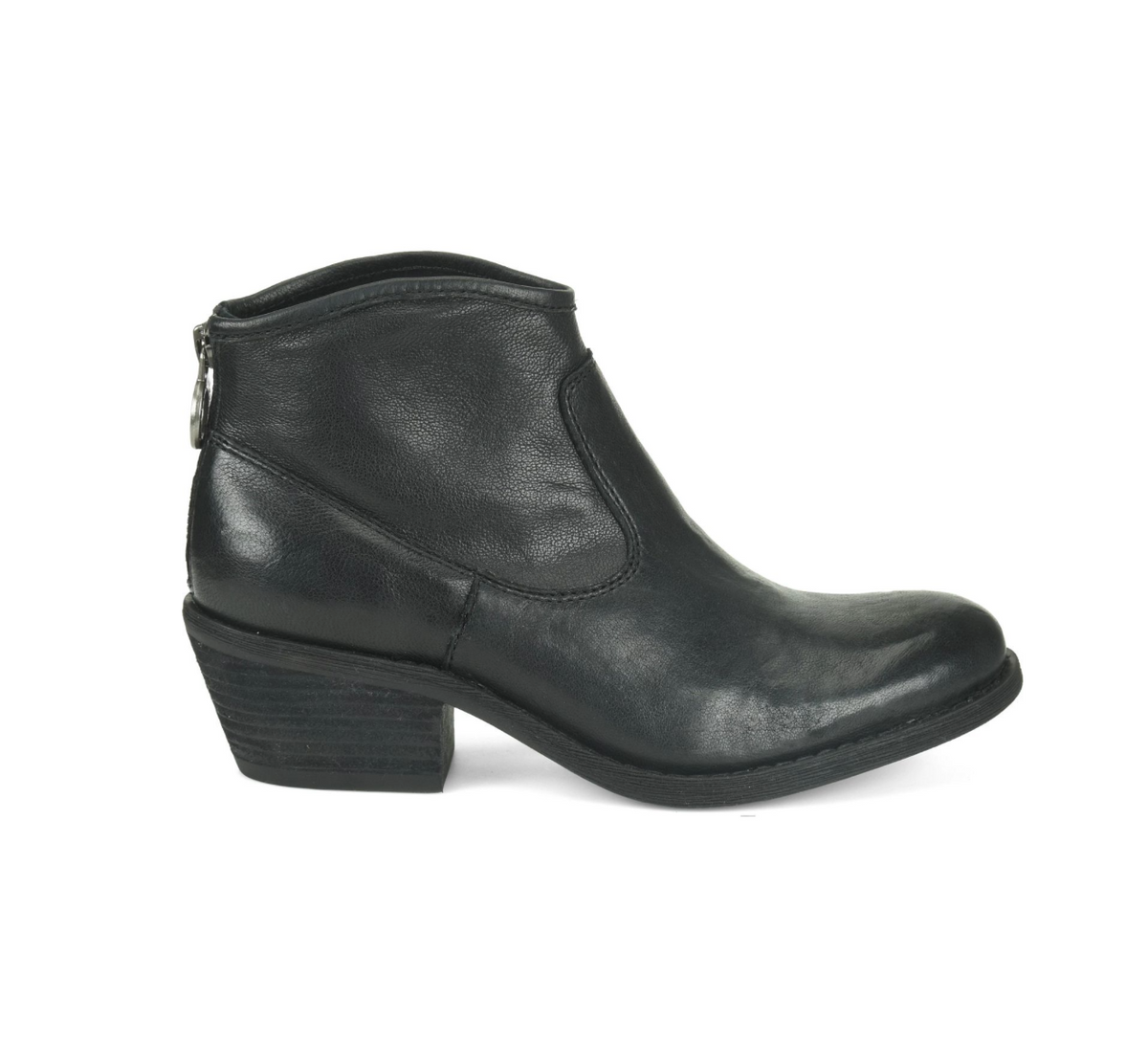 A Sofft Aisley black leather ankle boot with a low block heel and side zipper, shown from a side profile on a white background.