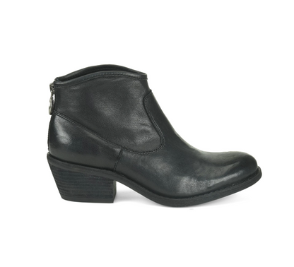 A Sofft Aisley black leather ankle boot with a low block heel and side zipper, shown from a side profile on a white background.