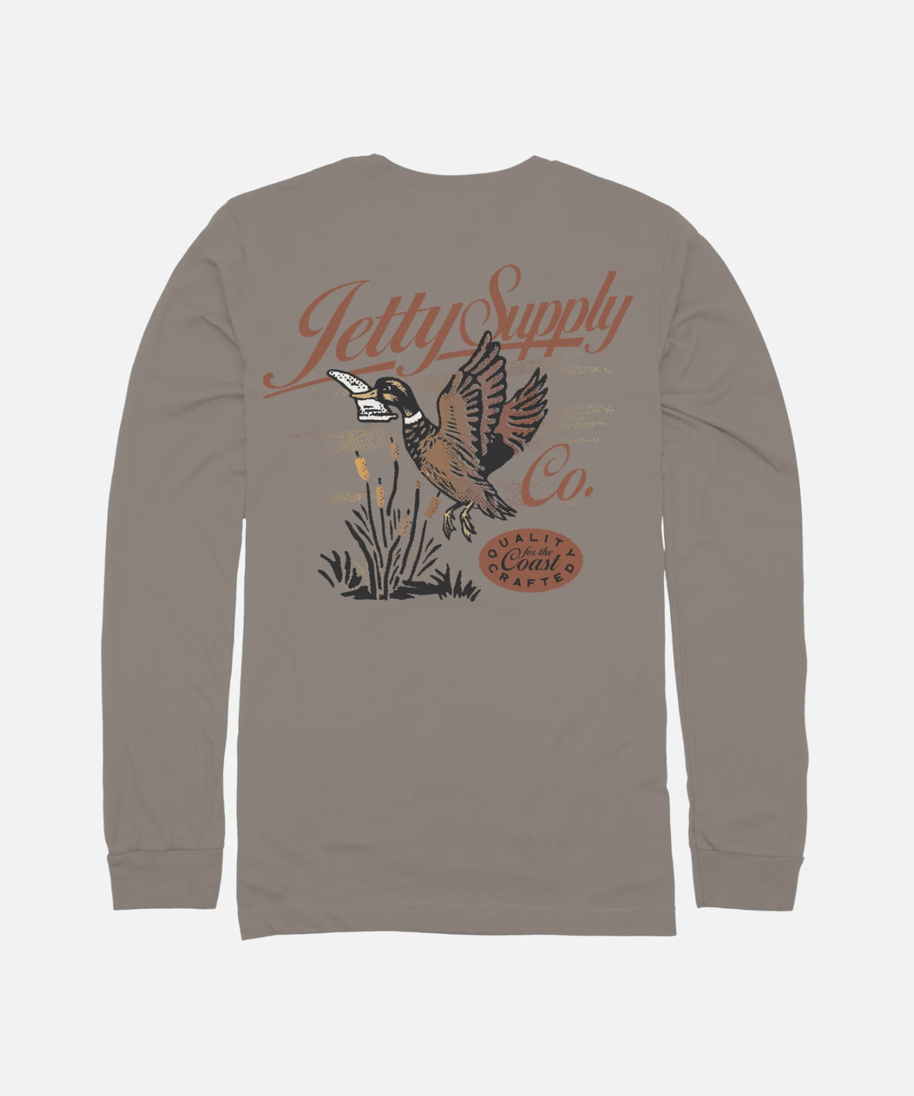 A long-sleeve t-shirt in taupe brown, shown from the back. The shirt features a graphic print of a flying duck with a surfboard on its back, the text 'Jetty Supply Co.
