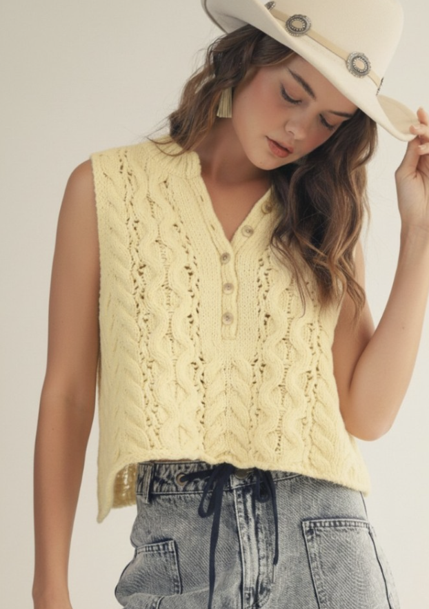 Sleeveless Ruched Cable Knit Sweater Top