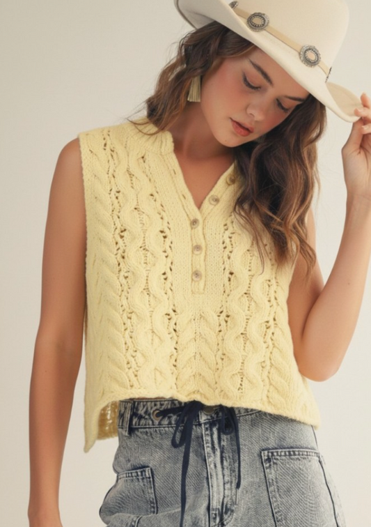 Sleeveless Ruched Cable Knit Sweater Top