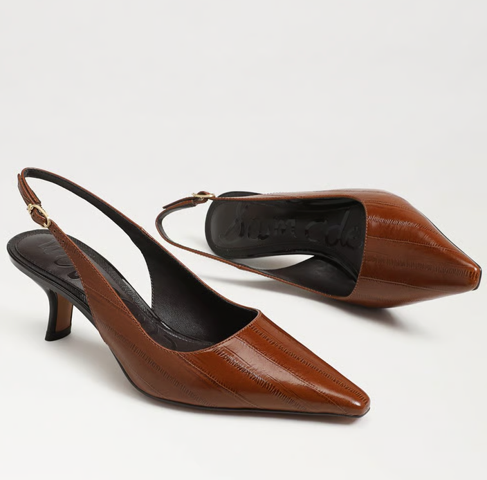 Sam Edelman Bianka Slingback Pump in brown with pointed toe and block heel.