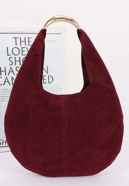 Faux suede hobo bag with relaxed silhouette and minimalist hardware , burgundy.