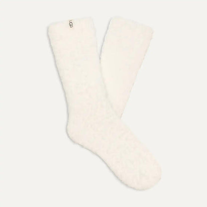 A pair of off-white UGG Teddi Cozy textured fleece crew socks displayed against a solid light gray background.