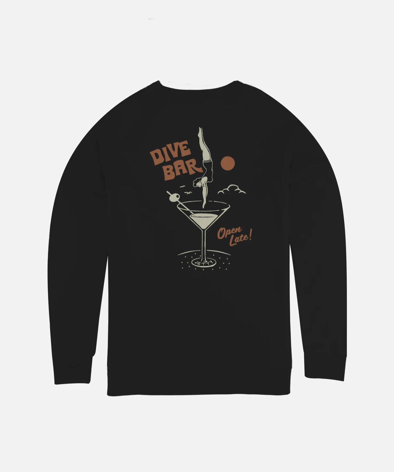 A  black long-sleeve crewneck sweatshirt by Jetty featuring a retro graphic on the front with a martini glass, a diver, the text 'DIVE BAR', and 'Open Late!' in a warm beige and orange color palette, shown against a light gray background.