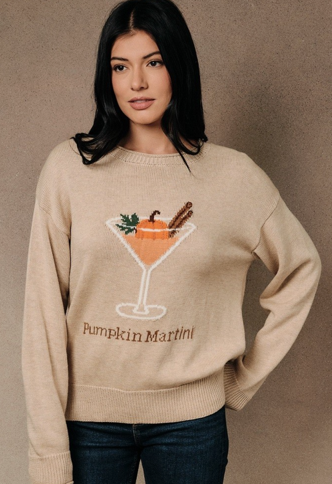 Taupe pumpkin martini graphic sweater with relaxed fit and soft mid‑weight knit.