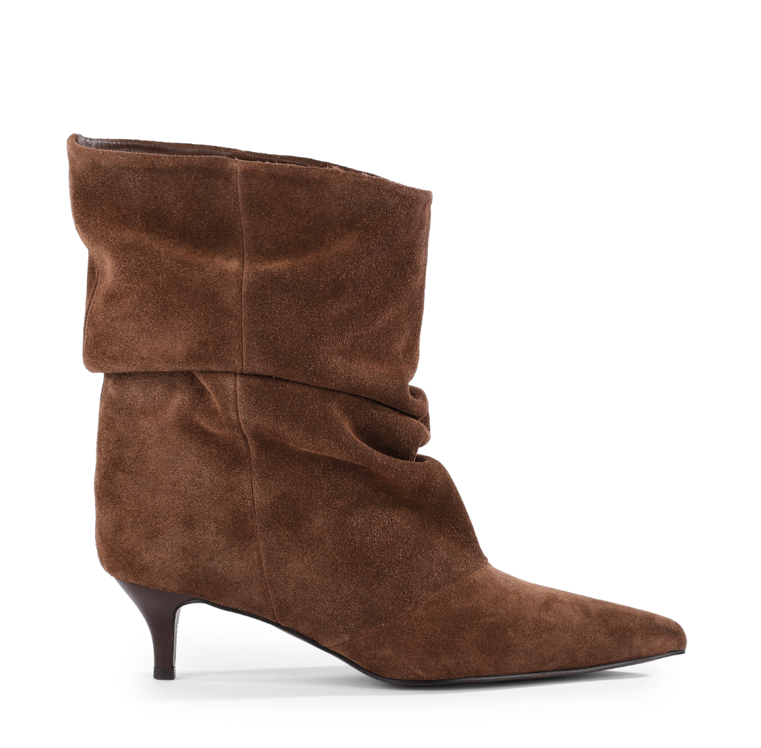 A single Seychelles One Love brown suede ankle boot with a pointed toe and a short kitten heel, shown in a side profile on a white background.