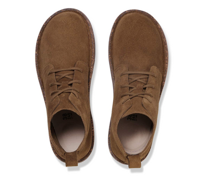 A pair of Birkenstock Uppsala Mid Boot in Dark Tea with suede upper and shearling lining shown from a top-down view on a white background.