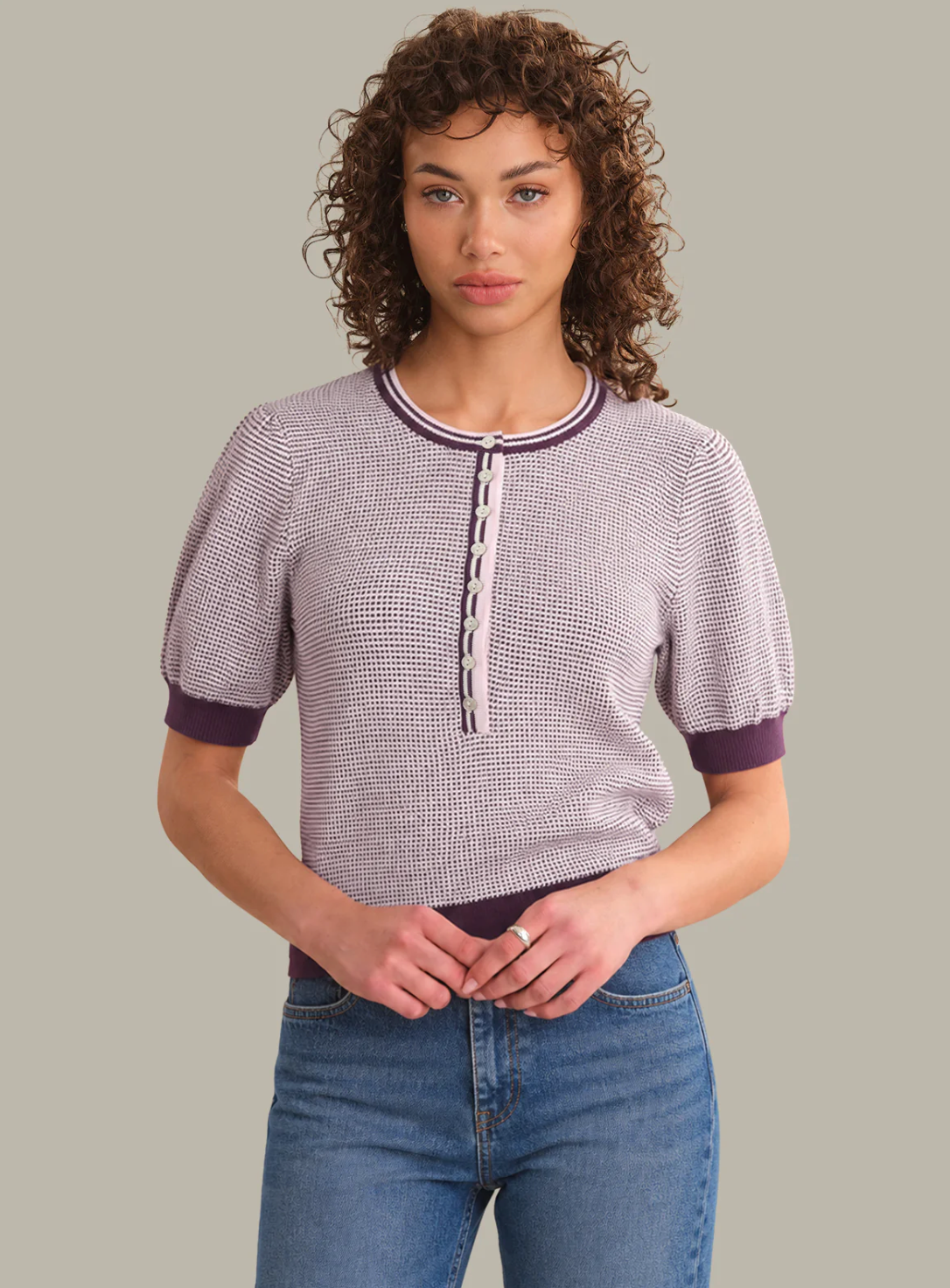525 America Grayson tweed‑like puffed sleeve henley with textured knit and feminine silhouette.
