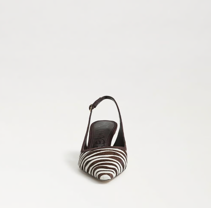 Sam Edelman Bianka Slingback Pump in chocolate/ivory zebra print with pointed toe and block heel.