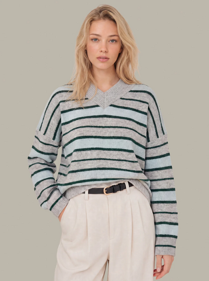 Gray Pearl striped cropped v-neck pullover with lightweight knit and modern silhouette.