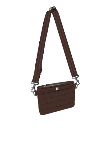 A Think Royln dark brown faux-leather crossbody bag with a matching shoulder strap, featuring horizontal stitched details and silver-tone hardware, shown against a plain white background.