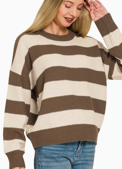 Striped crewneck sweater in brown with a relaxed fit.