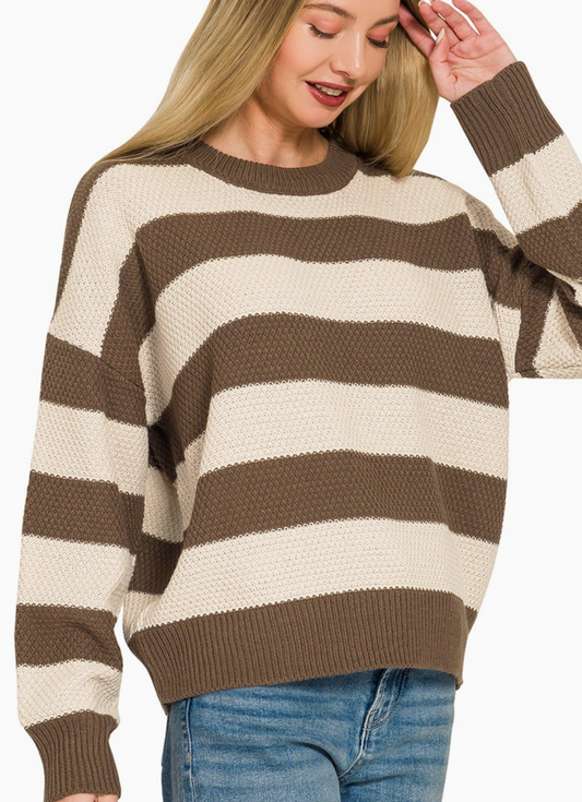 Striped crewneck sweater in brown with a relaxed fit.