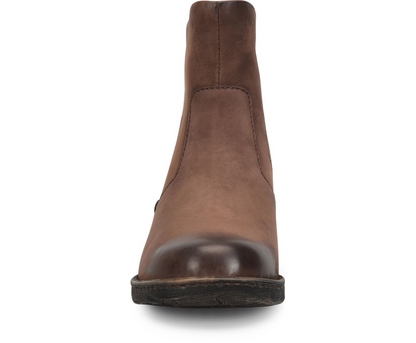A Born Mercado brown leather ankle boot shown from the front on a plain white background.