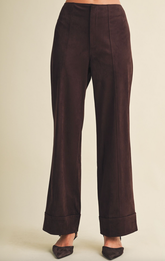 Mustard Seed Suede Trouser Pants featuring a suede‑finish fabric, tailored straight‑leg silhouette, smooth drape, and polished everyday styling.
