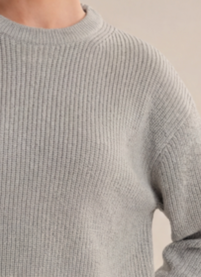Gray Pearl Combo ribbed pullover with fine knit texture and feminine drape.