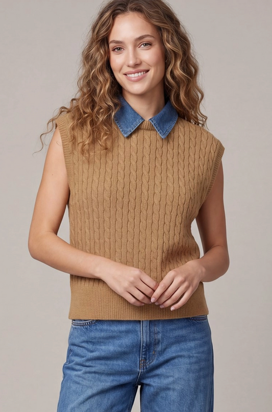 A woman wearing a tan cable-knit sleeveless sweater vest with a blue denim collar, paired with blue jeans, against a solid light gray studio background.