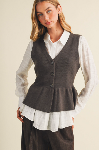 Rib Knit Peplum Button Front Vest