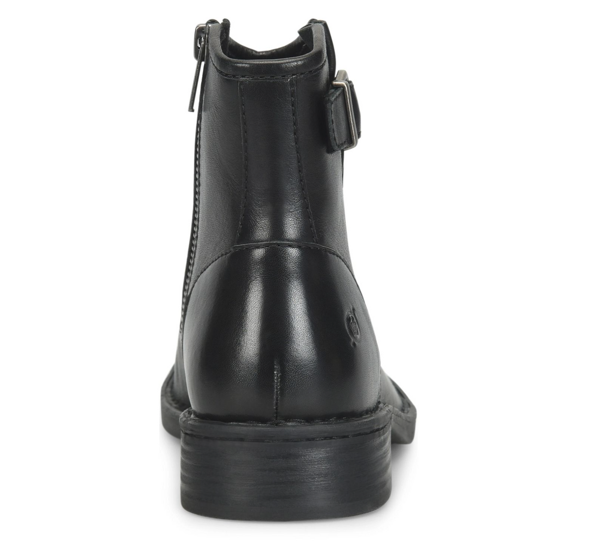 A black leather Born Charlie ankle boot shown from the back, featuring a side zipper and a small buckle detail on the outer side, set against a plain white background.