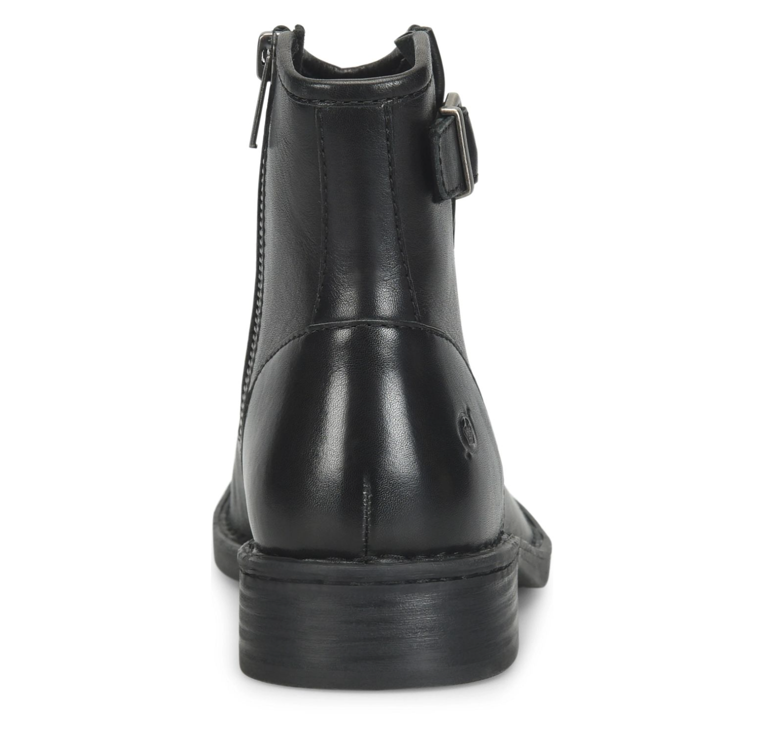 A black leather Born Charlie ankle boot shown from the back, featuring a side zipper and a small buckle detail on the outer side, set against a plain white background.