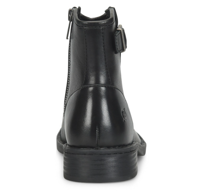 A black leather Born Charlie ankle boot shown from the back, featuring a side zipper and a small buckle detail on the outer side, set against a plain white background.