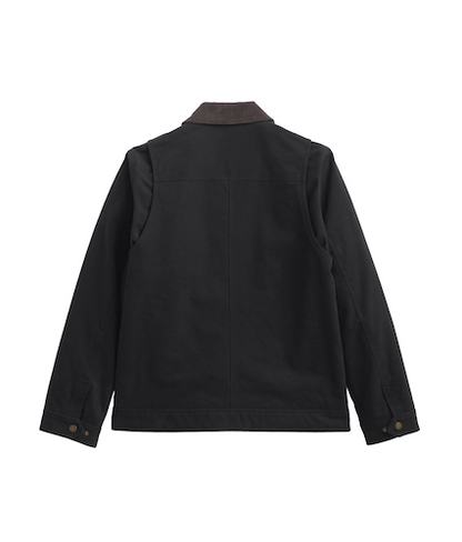 The back view of a Pendleton black canvas utility jacket with a contrasting dark brown collar, displayed on a clean white background.