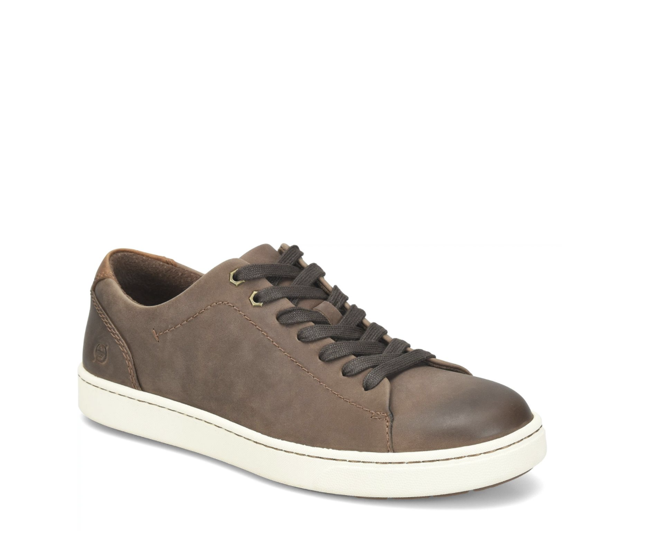 A single brown suede low-top sneaker with dark brown laces and a thick off-white rubber sole, shown from a three-quarters angle on a white background.