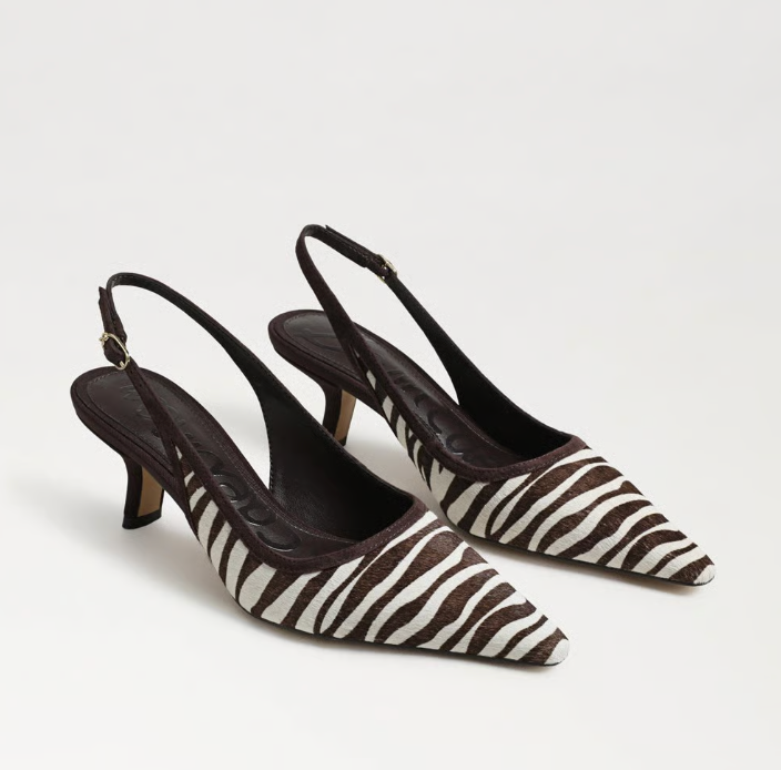 Sam Edelman Bianka Slingback Pump in chocolate/ivory zebra print with pointed toe and block heel.