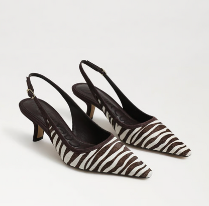 Sam Edelman Bianka Slingback Pump in chocolate/ivory zebra print with pointed toe and block heel.