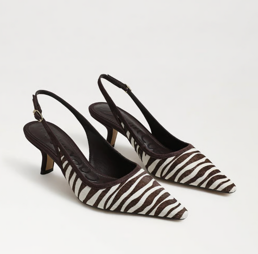 Sam Edelman Bianka Slingback Pump in chocolate/ivory zebra print with pointed toe and block heel.