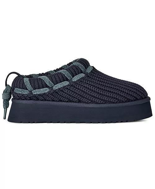 A single UGG Tazz Whipstitch slip-on knit slipper in a very dark navy blue, featuring textured knit uppers with contrasting dark gray knit laces and a thick dark navy platform sole.
