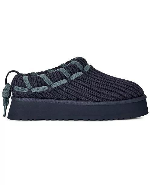 A single UGG Tazz Whipstitch slip-on knit slipper in a very dark navy blue, featuring textured knit uppers with contrasting dark gray knit laces and a thick dark navy platform sole.