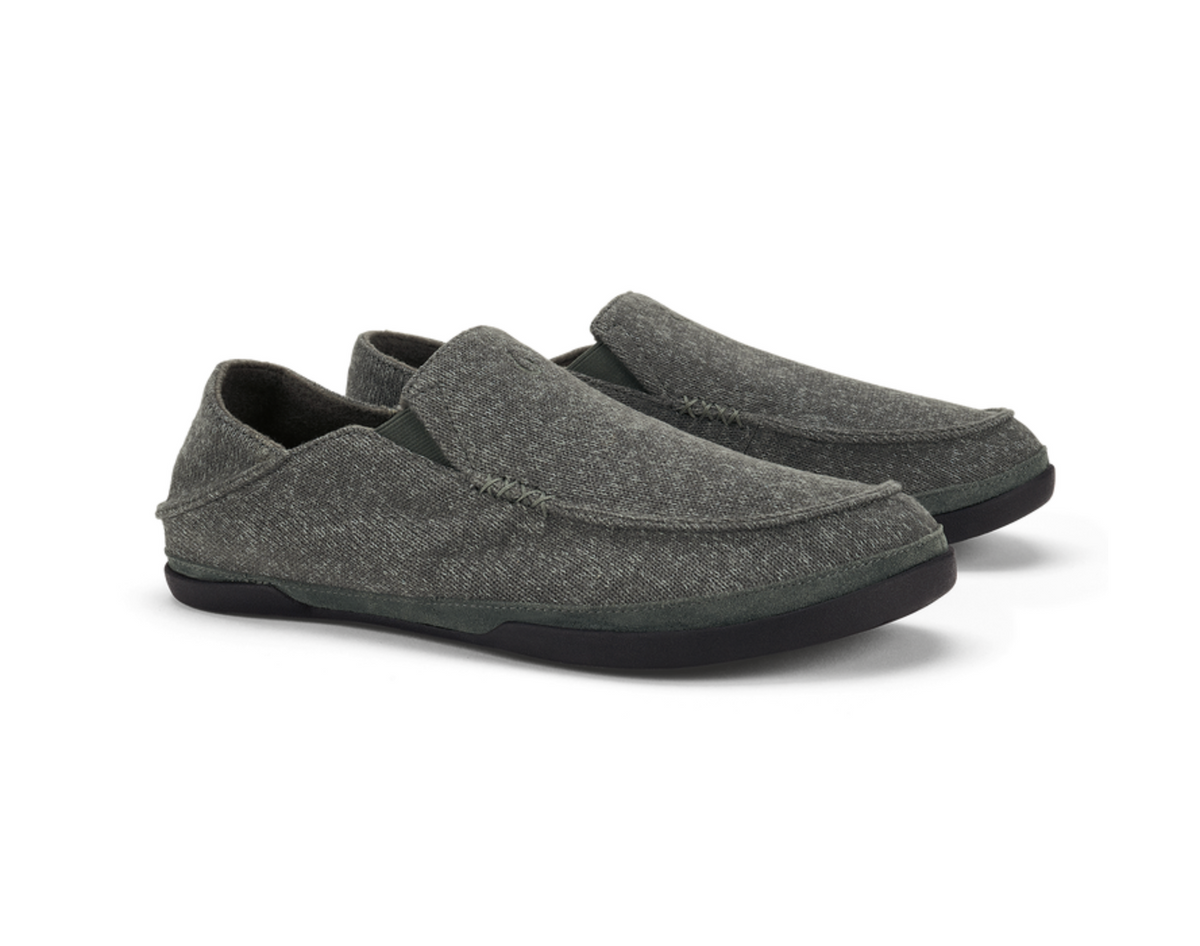 A pair of Olukai Moloa Hulu dark gray felt slip-on shoes with black soles, displayed on a clean white background.