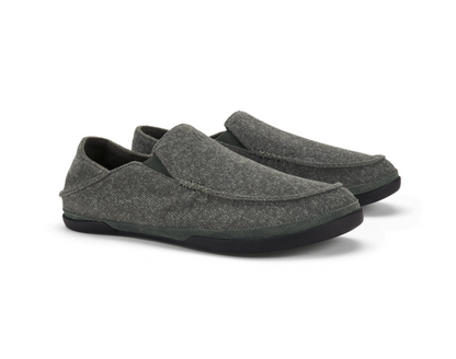 A pair of Olukai Moloa Hulu dark gray felt slip-on shoes with black soles, displayed on a clean white background.