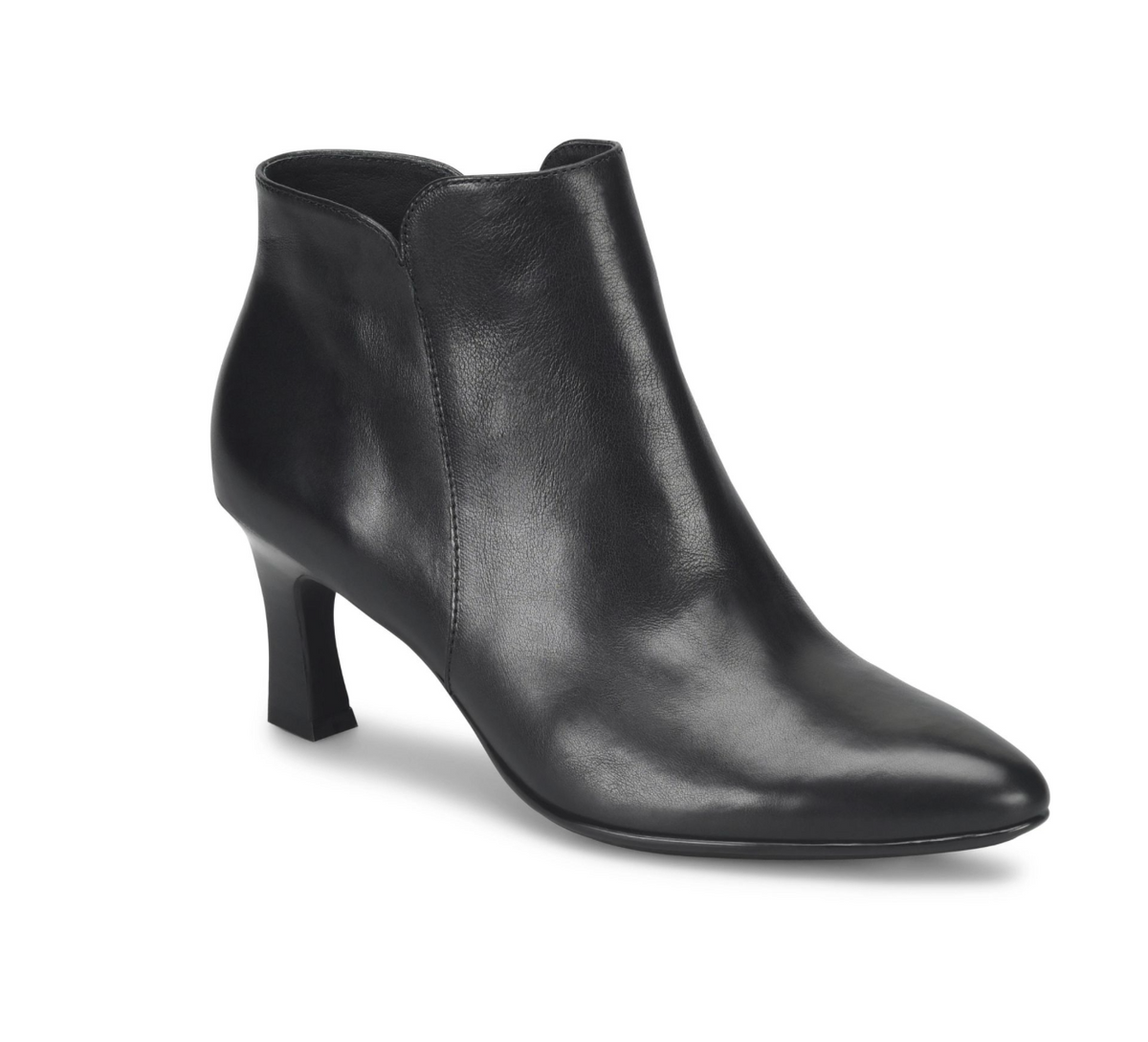 A single Sofft Sasha black leather ankle boot with a pointed toe and a mid-height block heel, shown from a three-quarters angle on a white background.