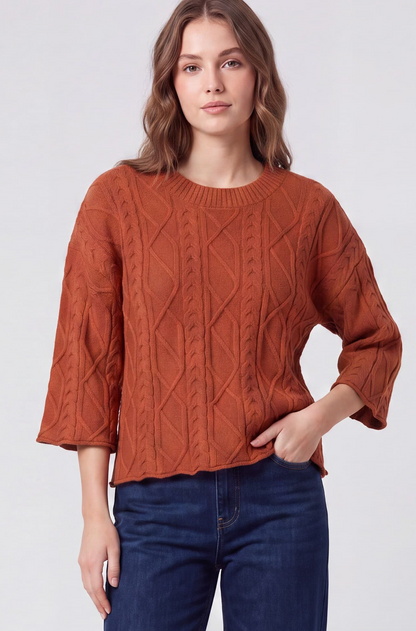 3/4 Sleeve Cable Sweater Top