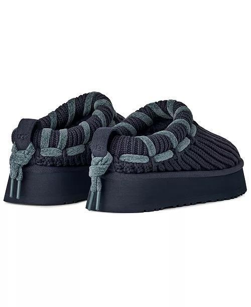 A pair of UGG Tazz Whipstitch dark navy knit slip-on slippers with thick platform soles and gray braided trim details, shown against a plain white background.