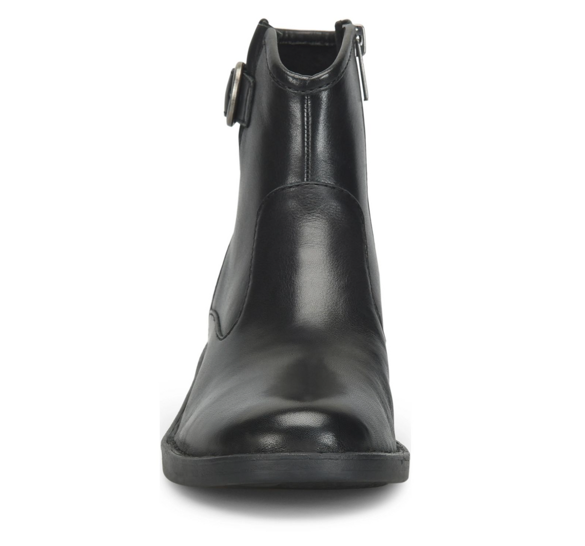 A black leather Born Charlie ankle boot with a side zipper and a silver-tone metal ring detail, shown from a front-facing perspective on a white background.