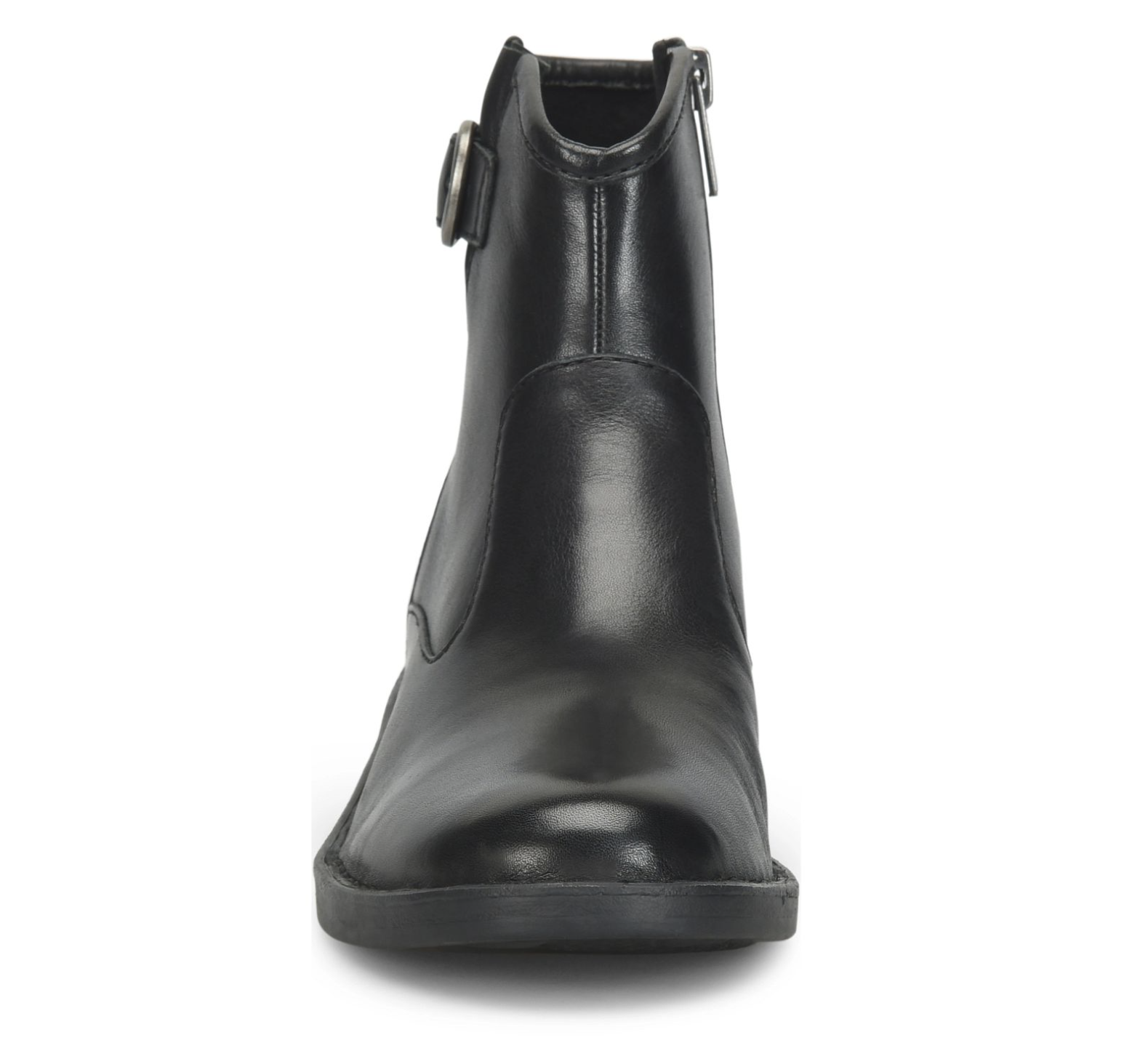 A black leather Born Charlie ankle boot with a side zipper and a silver-tone metal ring detail, shown from a front-facing perspective on a white background.