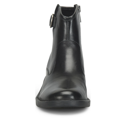 A black leather Born Charlie ankle boot with a side zipper and a silver-tone metal ring detail, shown from a front-facing perspective on a white background.