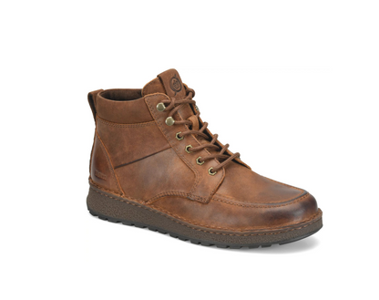 A brown Børn Rex leather lace-up ankle boot with brass-tone eyelets and a dark brown sole, shown from a three-quarters angle on a white background.