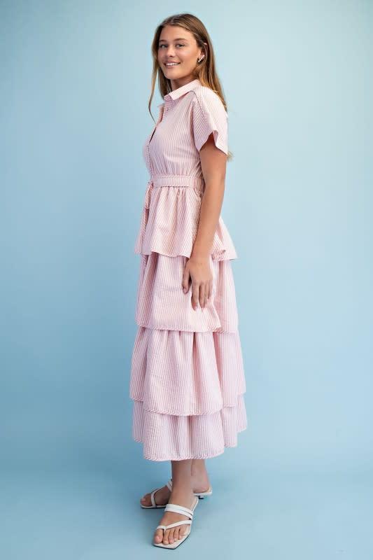 Striped Tiered Half Button Midi Dress