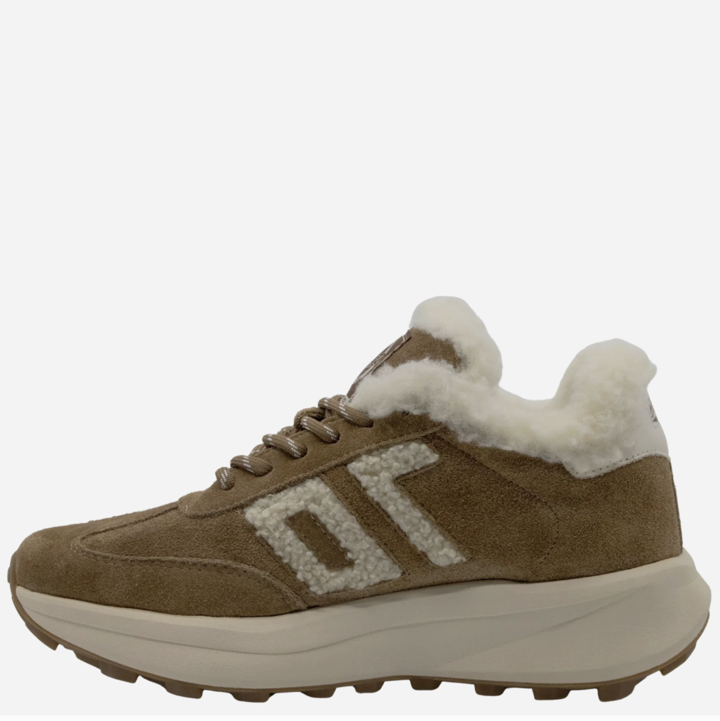A brown suede and shearling-lined Back 70 sneaker with a thick cream-colored midsole and a large textured cream logo on the side, shown against a plain light gray background.